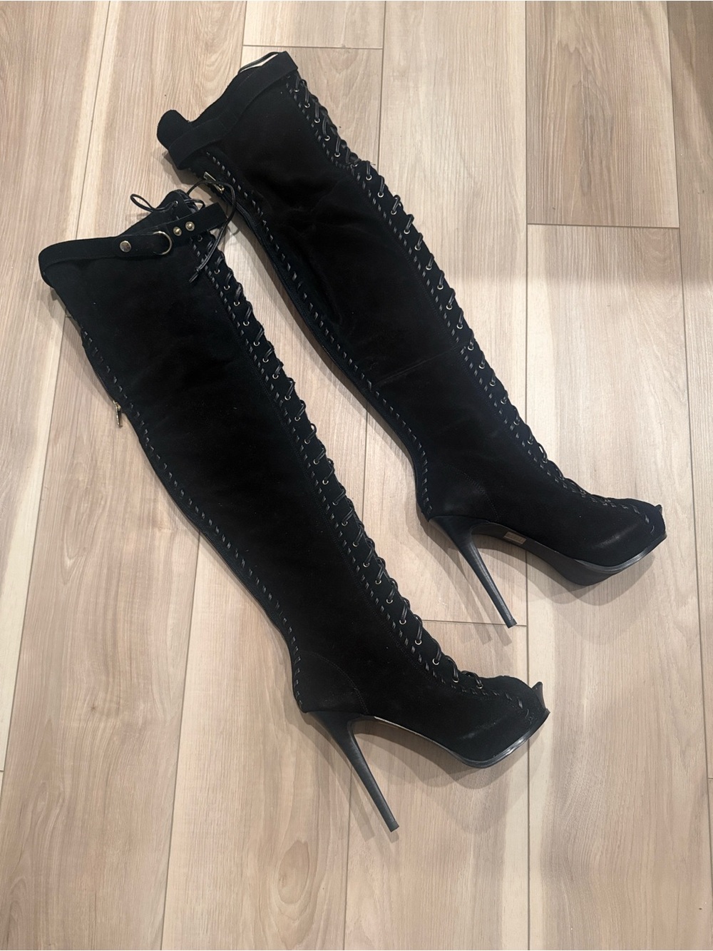 Colin Stuart Black Over-the-Knee Lace-Up Peep-Toe Boots